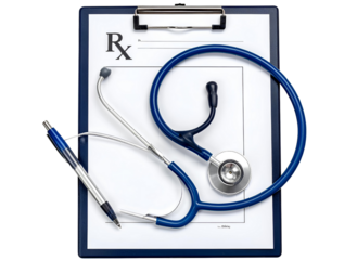 Medical Stethoscope with Prescription Pad and Pen Isolated on Transparent Background