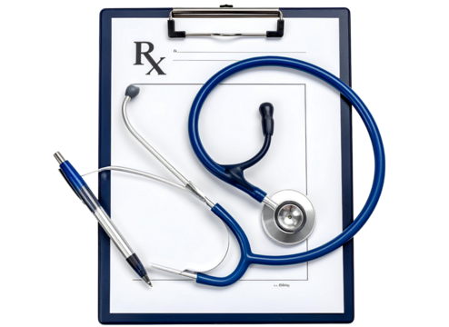 Firefly_Medical Stethoscope with Prescription Pad and Pen Isolated on Transparent Background