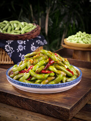 Spicy Pickled Soy Beans Edamame Cold Appetizer Traditional Shandong Chinese Cuisine with Red Chilies