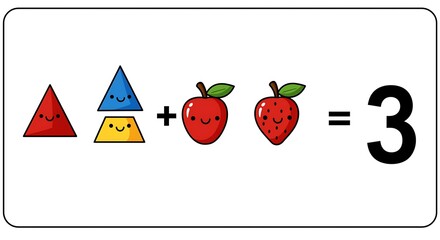 Colorful mathematical equation triangles apple strawberry and digit three