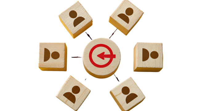 Wooden blocks with people icons form a circular network