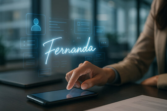 Fernanda's Digital Profile: A close-up shot highlights a professional woman interact with futuristic interface on her mobile phone, in the background subtle office settings.