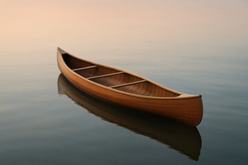 Naklejka premium An empty wooden canoe floats serenely upon a calm body of water, a tranquil scene that invokes peace and solitude. The canoe reflects in the calm water.