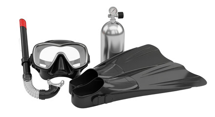 Diving equipment with mask, fins and tank