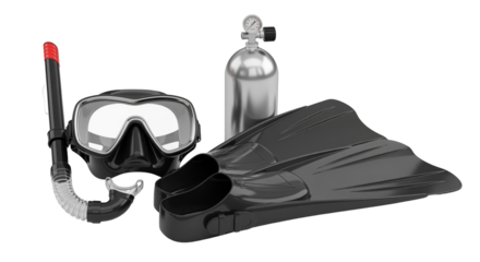 Diving equipment with mask, fins and tank