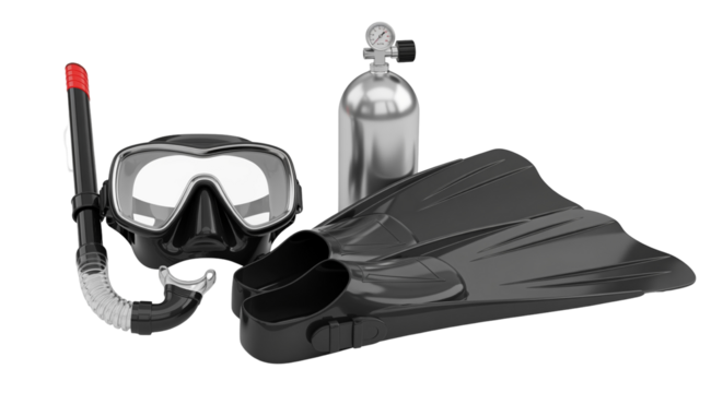 Diving equipment with mask, fins and tank