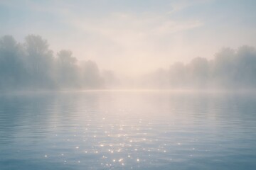 Fototapeta premium A serene lakeside landscape, enveloped in a soft, ethereal fog, and the tranquil water mirroring the subtle hues of the sky above. It’s a place of peace.