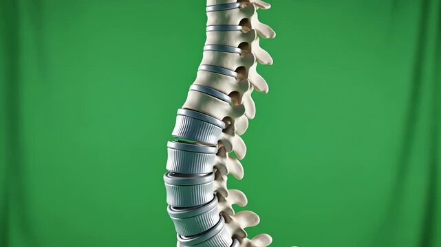 Closeup of a human spine model with surgical implants, isolated on a green background