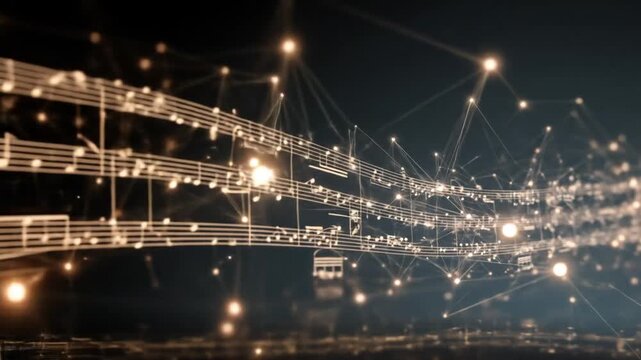 Abstract digital musical notes glowing lines and points on dark background