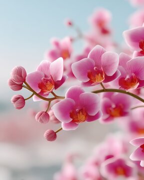 Close Up Of Pink Orchid Flowers Blooming Against A Light Blue Sky Background