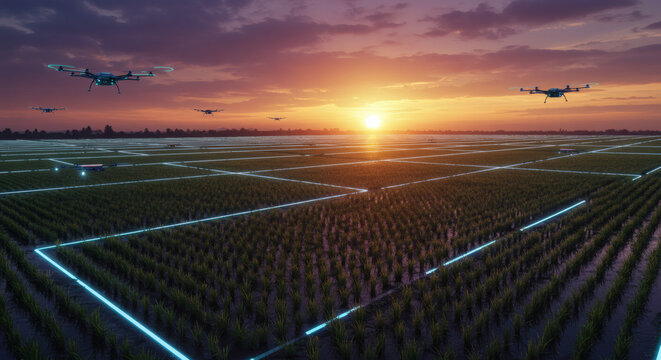 Futuristic agricultural drones monitoring crops in a vast field at sunset, showcasing smart farming technology