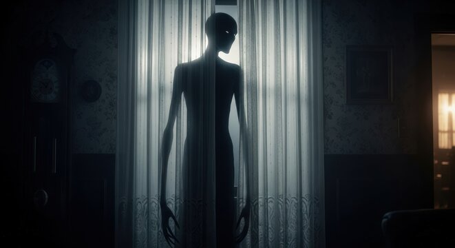 A tall, shadowy creature with unnaturally long limbs is silhouetted against a bright window in a dark, unsettling room