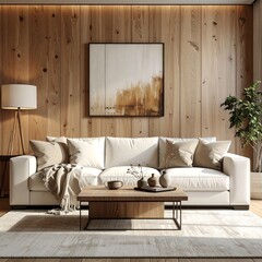 Modern living room with wood wall, white sofa, and neutral decor
