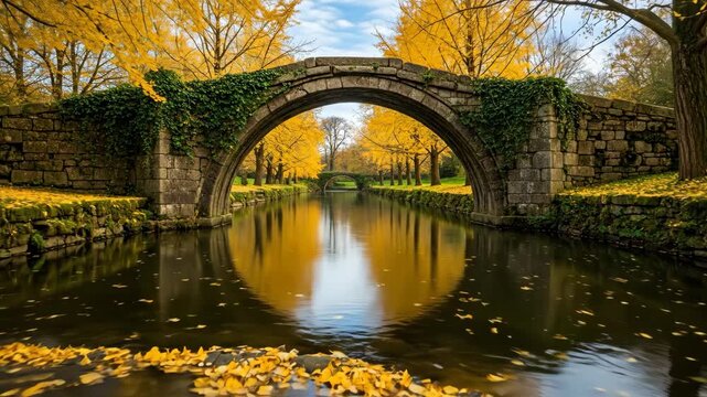 Golden Autumn Stone Arch Small Bridge Flowing Water