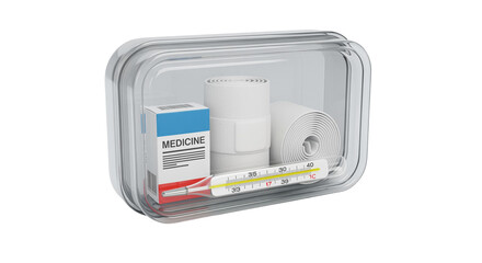 First aid kit with medicine, bandage, thermometer
