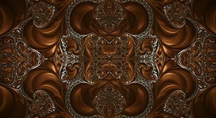 Ornate abstract design with symmetrical patterns in brown and metallic silver
