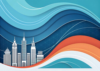 Modern cityscape with abstract waves and financial data overlay