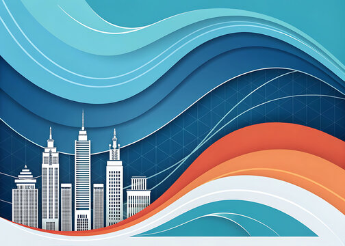 Modern cityscape with abstract waves and financial data overlay