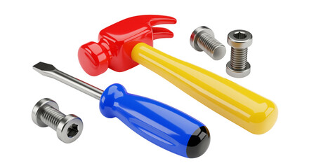 Hammer, screwdriver, and bolts still life