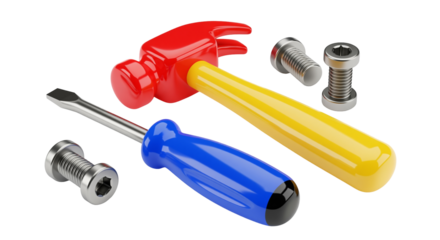 Hammer, screwdriver, and bolts still life