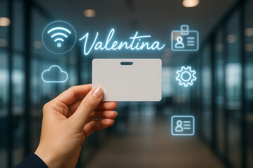 Fototapeta premium ID Card with Conceptual Elements: A hand delicately holds a blank identification card amidst an array of illuminating conceptual symbols, including Wi-Fi, profile icons, a gear, and a cloud.