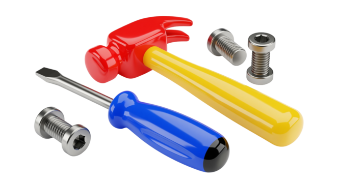 Hammer, screwdriver, and bolts still life