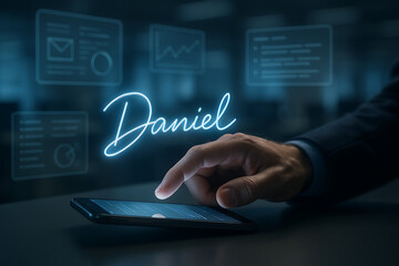 Digital Interaction: An elegant hand gracefully interacts with a sleek smartphone, enveloped in a futuristic digital environment, creating a vivid experience of connectivity and technology