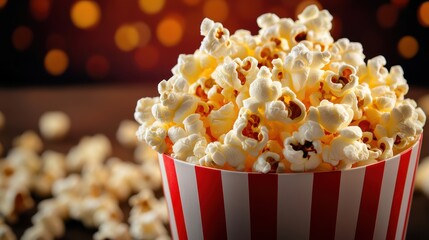 Fresh popcorn in red striped bucket overflowing, soft warm lighting, cinema background.
