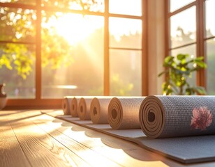 Yoga mats rolled up on a wooden table, sunlight streaming through a window