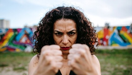 Woman in boxing stance against a colorful mural