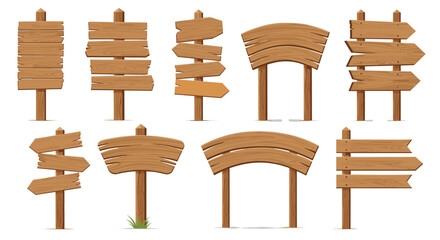 A collection of rustic wooden directional signs and information boards.