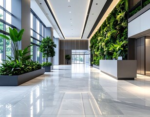 Modern lobby with polished floors, abundant greenery, and sleek design
