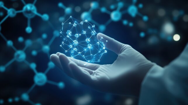 Scientist hand holding transparent molecular hologram, soft blue light, modern laboratory background.