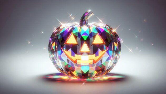 Striking crystal jack-o'-lantern glowing with vivid rainbow reflections on dark background with sparkling facets. Perfect for Halloween decor, tees, souvenirs, showcasing festive autumn spirit