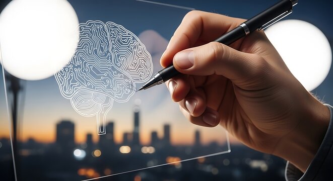 Hand drawing brain on transparent screen with city skyline in background