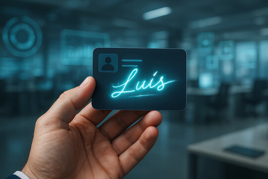 Digital ID Verification: A hand holds a digital identification card with an illuminated name and a digital workspace background, symbolizing access and verification in the digital realm.