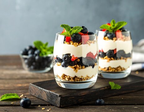 Yogurt parfaits layered with granola and berries - Powered by Adobe