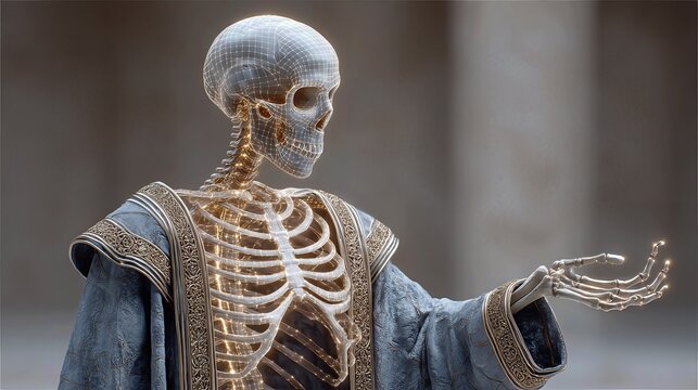 Futuristic metallic skeleton in ornate robe extending a digital hand, blending anatomy with cybernetic design.