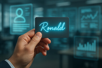 Digital Identity: A close-up shot of a hand holding a card bearing the name Ronald in a futuristic, digital interface. The image is a conceptual representation of virtual identity and online presence.
