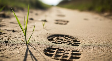 Footprints on a sandy path with a blade of grass in the foreground