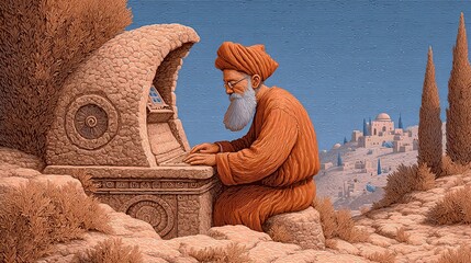 Engraved-style art of an ancient scholar kneeling, typing at a stone computer under striped skies, blending history with technology.