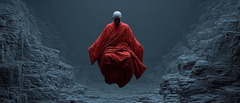 Robed figure levitates above a rocky chasm, surreal spiritual scene with dramatic lighting and textured detail.