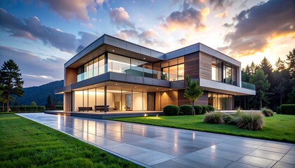 Modern, luxury home at sunset, reflecting in a paved driveway