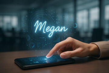 Digital Connection: A hand interacts with a sleek smartphone, the word Megan glows in futuristic blue above, symbolizing personalized technology and digital interaction.