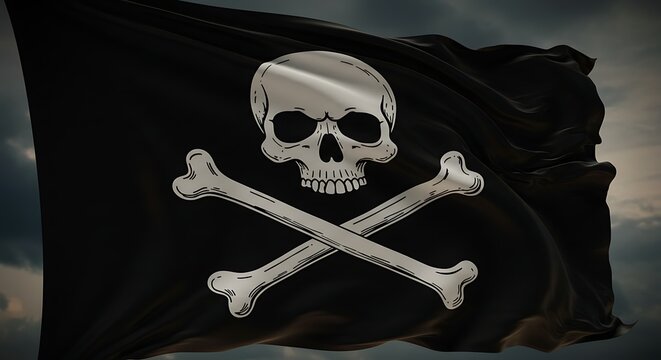 Black jolly roger pirate flag waving with skull and crossbones against dramatic sky