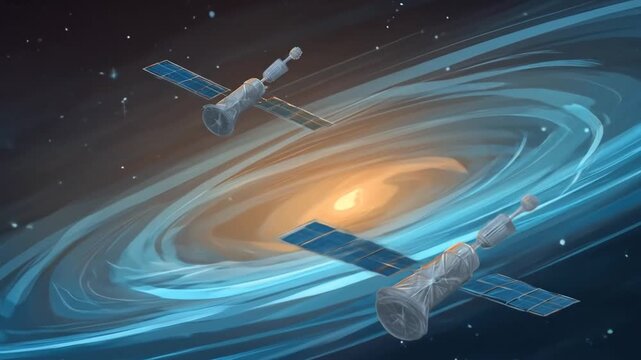 Digital artwork of orbiting satellites and a swirling galaxy background