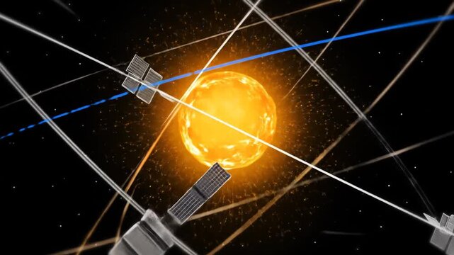 Animated depiction of satellites orbiting a central celestial body