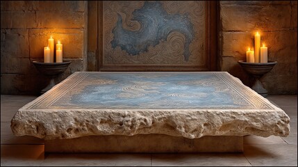 Ancient stone altar illuminated by candles in a dim, textured chamber with carved walls and a solemn, sacred atmosphere.