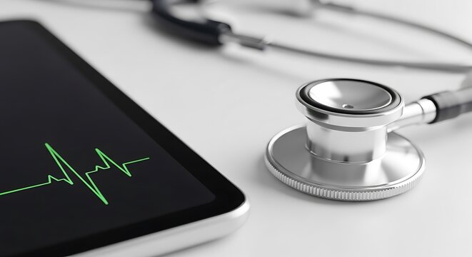 Stethoscope and tablet with heart rate graph on white background, isolated on white background