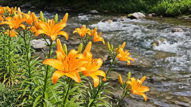 Orange lilies flourishing along a flowing river in nature